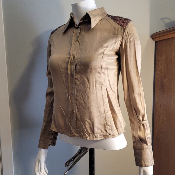 Vntg Da Nang 100% Silk Blouse Sz XS Bronze Sequin Cuff Y2K Boho Resort Wear Top - Picture 10 of 15